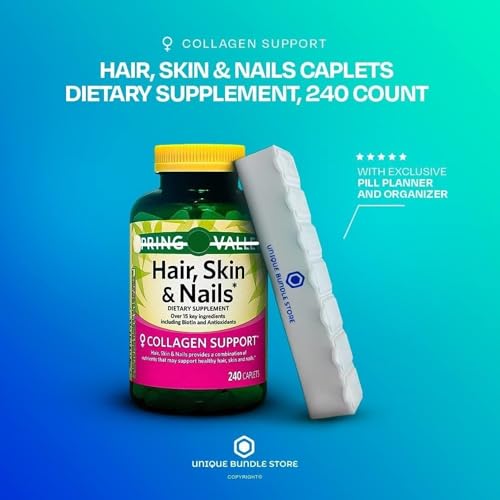 Hair Skin and Nails 240 Caplets - Dietary, Supplement + 7 Day Pill Organizer Included (Pack of 1)
