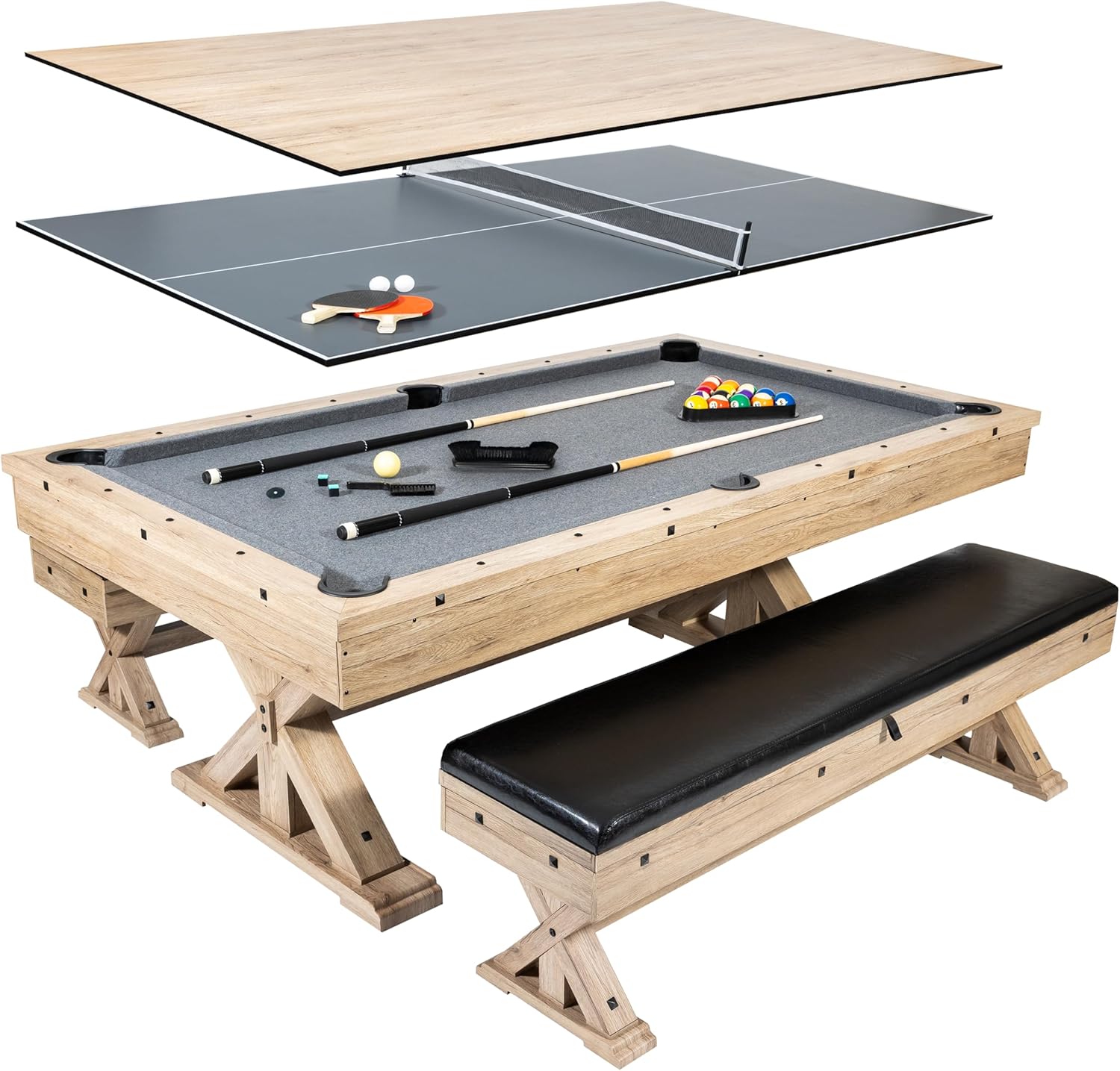 7 FT 3 in 1 Multi Game Pool Table with Dining Top Pool Table Ping Pong Table Combo with Dual Storage Bench Seating, Rustic Oak