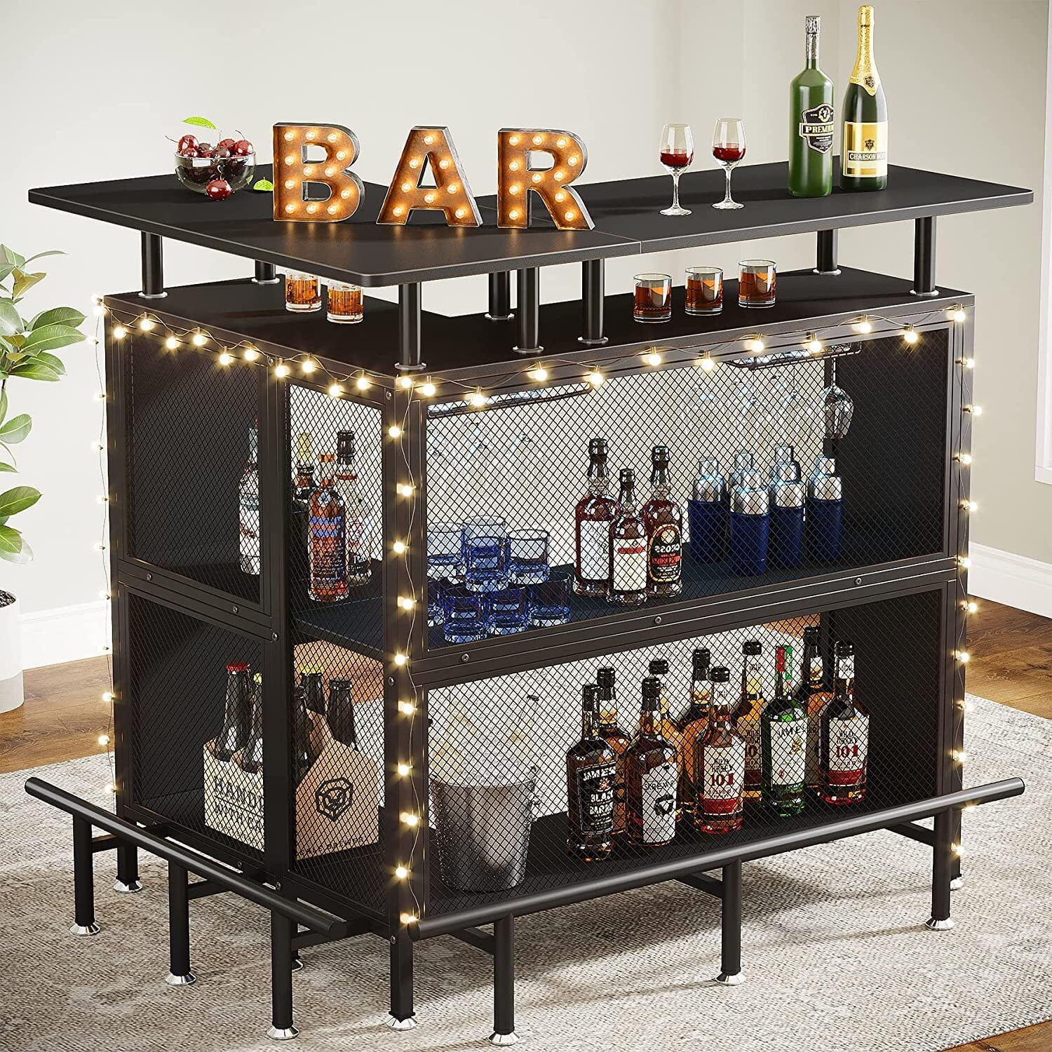 L-shape Home Bar Unit, Liquor Bar Table with 2-Tier Storage - N/A Black