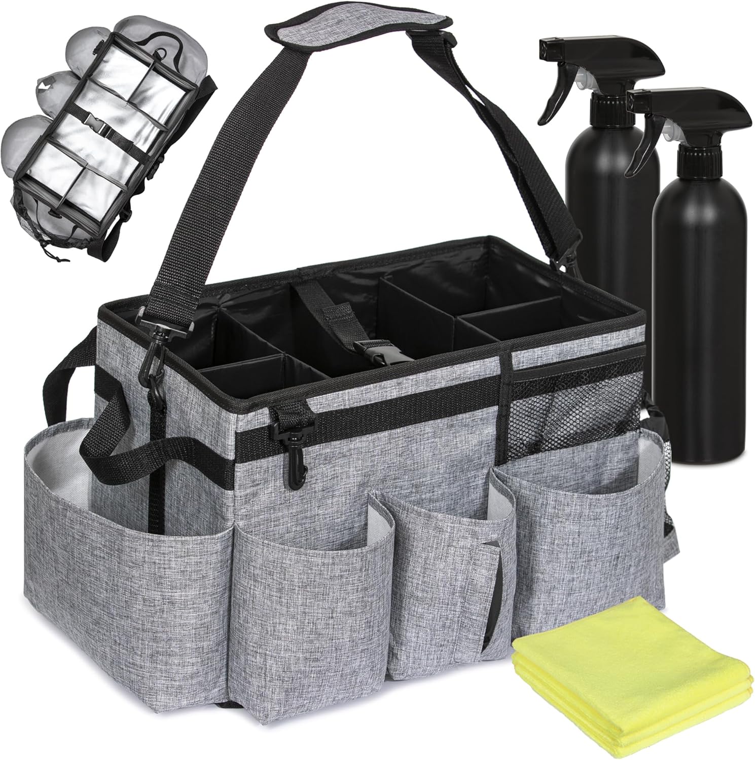 Wearable Large Cleaning Caddy for Cleaning Supplies - Cleaning Bag with Handles and Strap - 3 Microfiber Cloths and 2 Spray Bottles - Cleaning Supply Caddy for Housekeeping and Professional Cleaning