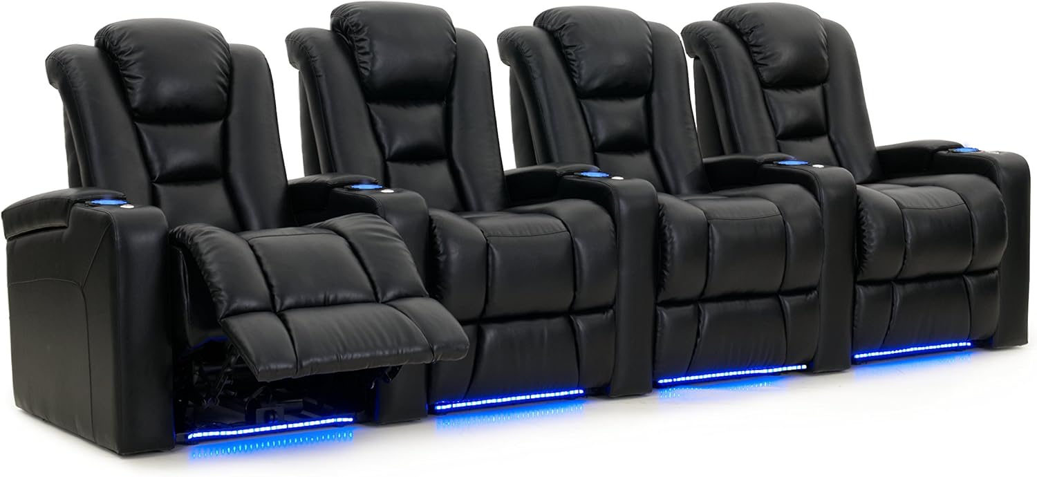 Octane Seating Mega XL950 Home Theater Seats - Black Bonded Leather - Power Recline - Row of 4