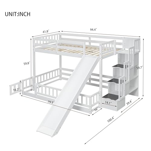 Twin Over Full Bunk Bed - Modern Wooden Floor Bunk Bed with Slide, Storage Staircase & Safety Fence Guardrails, Solid Bed Frame Space Saving Design for Bedroom Guest Room, White