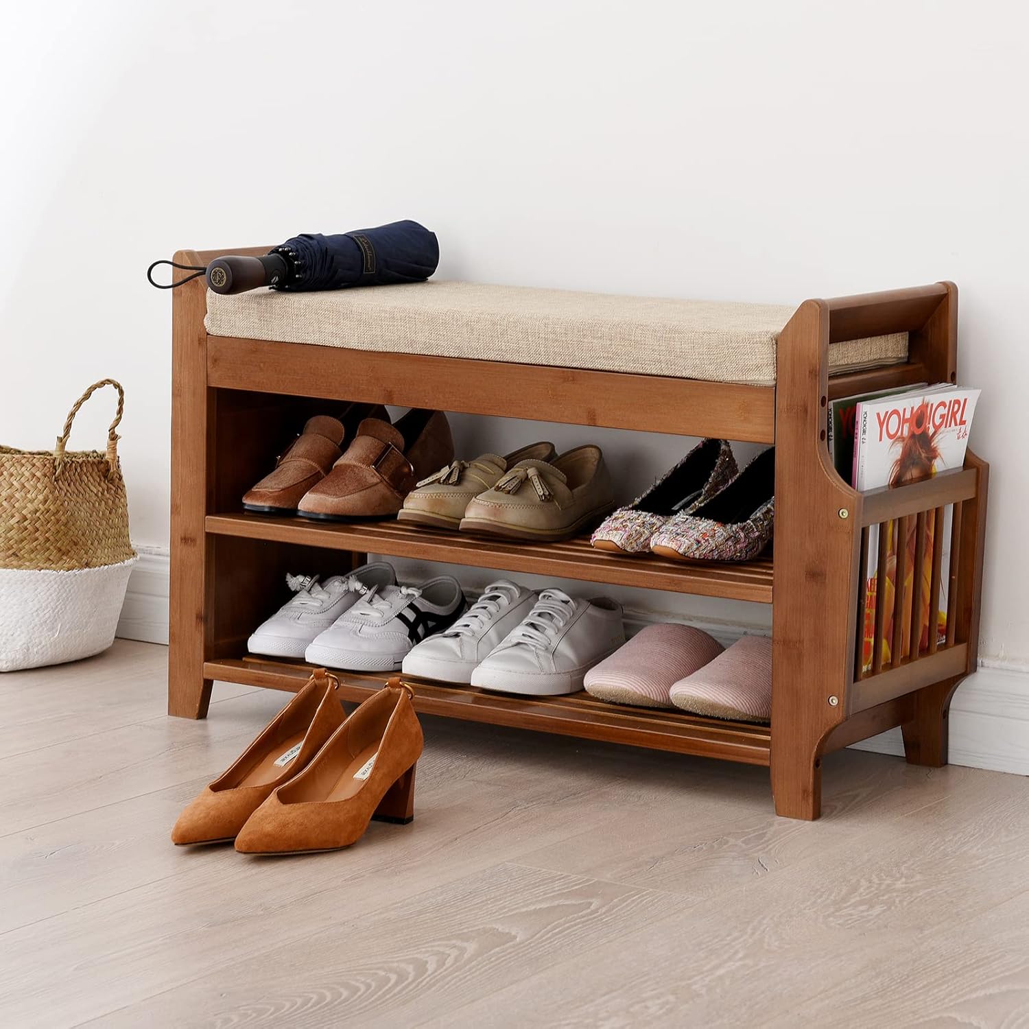 OUKANING 2 Tier Shoe Bench Chair Bamboo Shoe Rack with Seat Cushion Shoe Cabinet Organizer Entryway Storage Shelf for Shoes for Hallway Bathroom Closet Apartment,30.9x19.5x11.6in,400lb Load