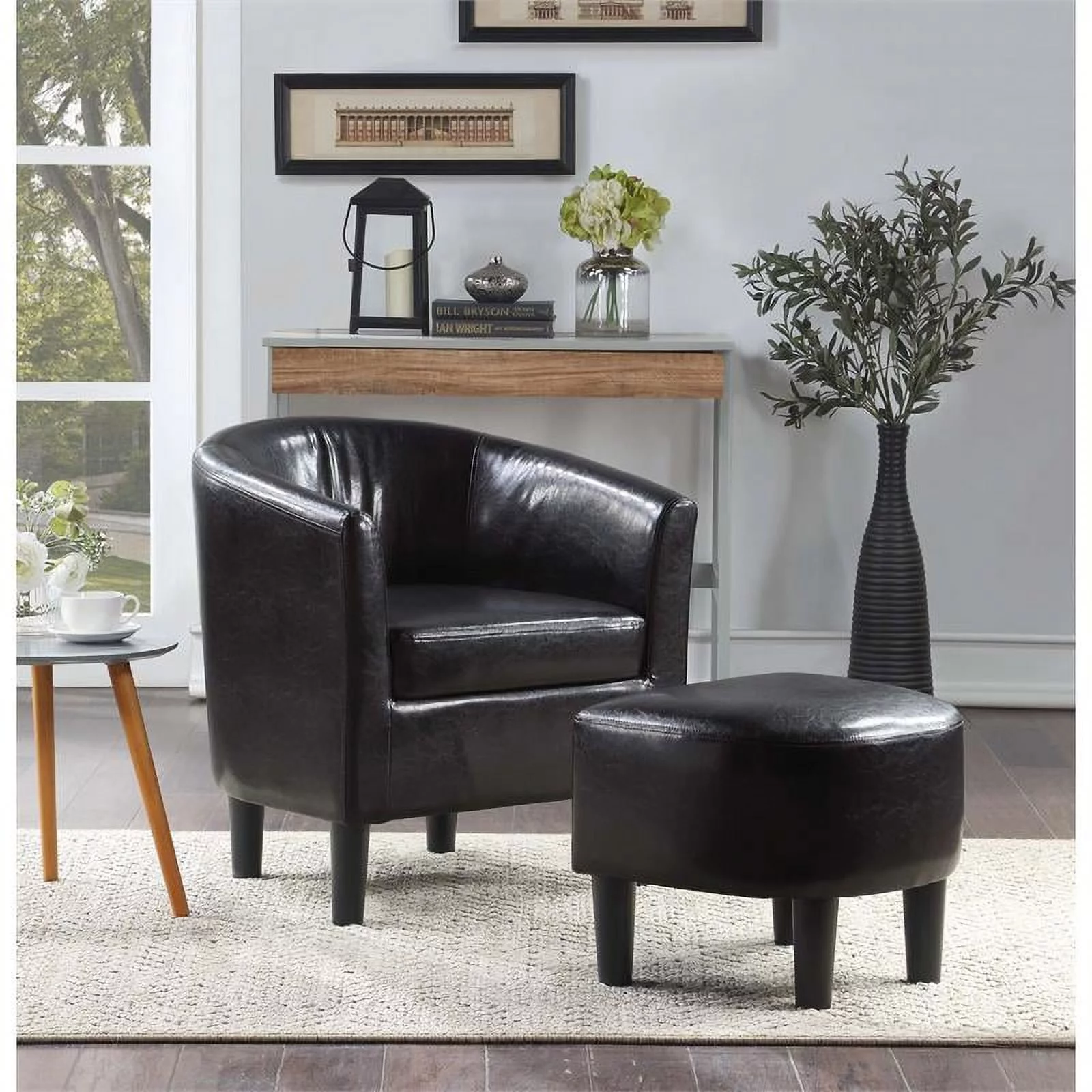 Pemberly Row Contemporary Faux Leather Accent Chair with Ottoman in Black