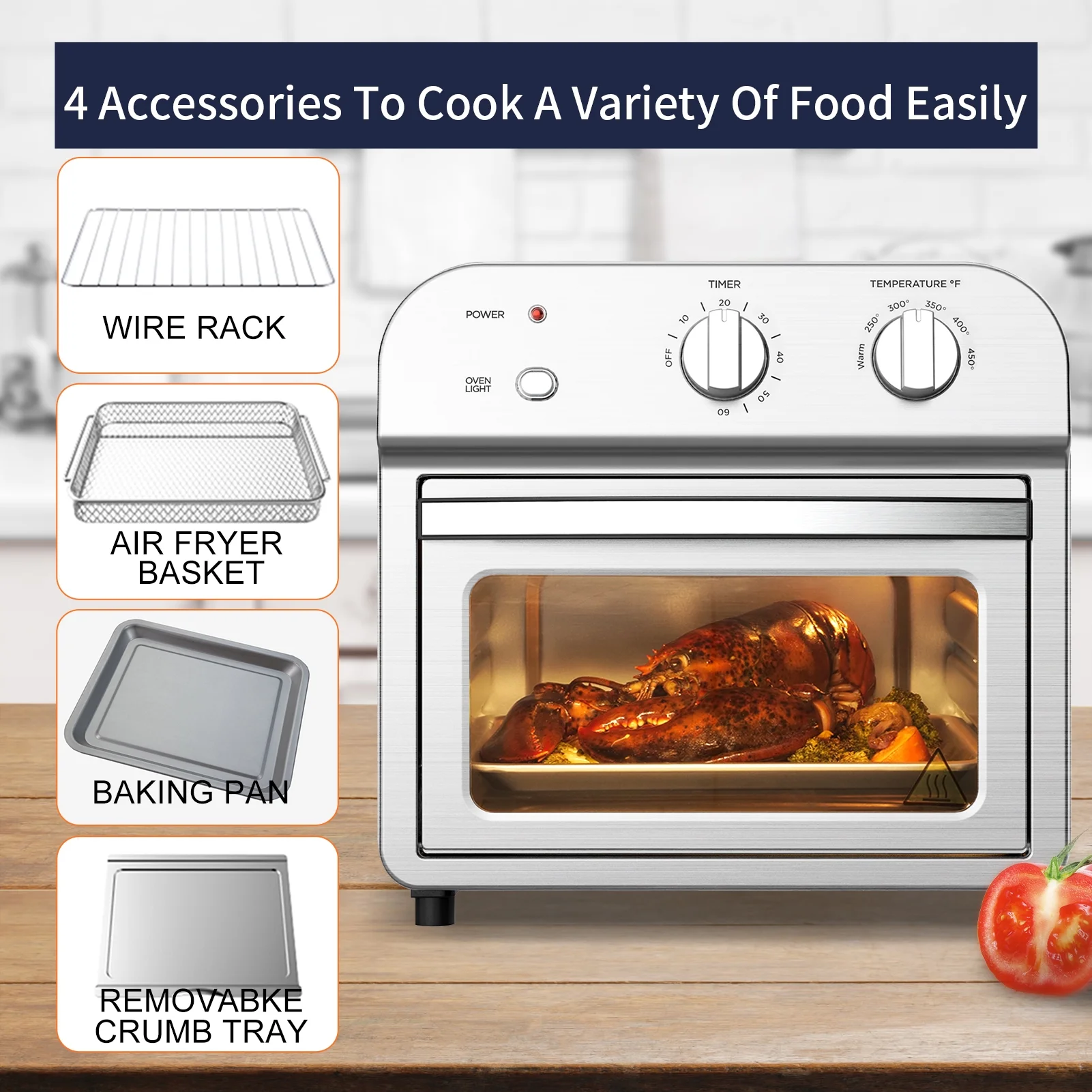 Toaster Oven, Countertop Air Fryer Toaster Oven, 1500W Stainless Steel Air Fryer Oven, Silver