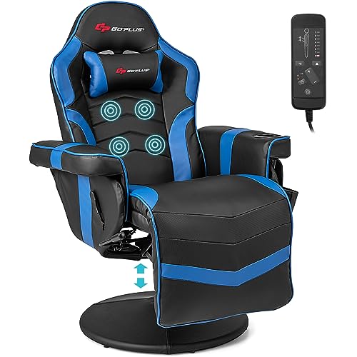 Goplus Massage Gaming Chair, Racing Style Gaming Recliner w/Adjustable Backrest and Footrest, Ergonomic High Back PU Leather Computer Office Chair Swivel Game Chair w/Cup Holder and Side Pouch