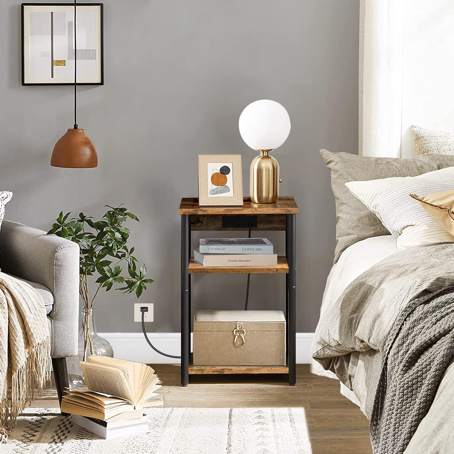 TUTOTAK End Table with Charging Station, Side Table with USB Ports and Outlets, Nightstand, 3-Tier Storage Shelf, Sofa Table for Small Space, Living Room, Bed Room