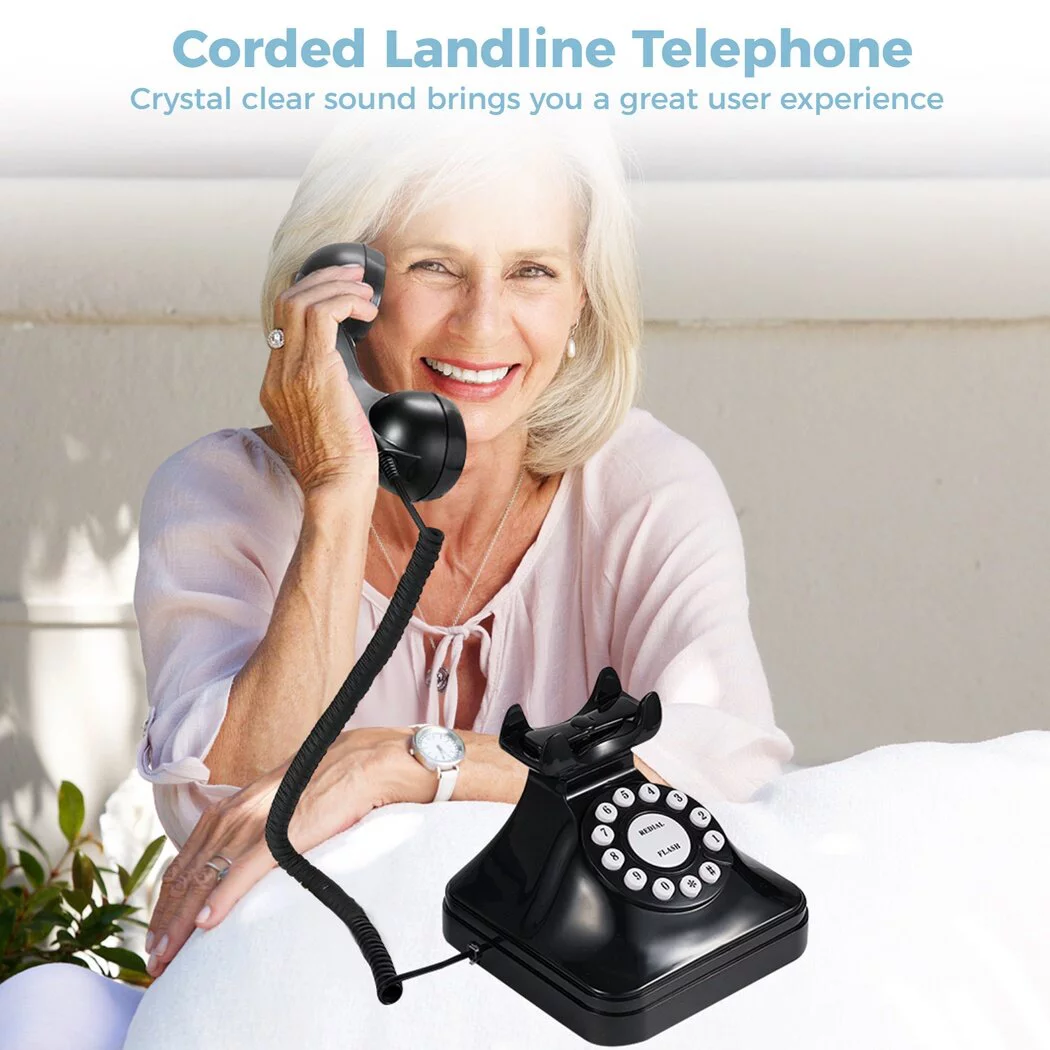 Corded Landline Telephone, Crystal Clear Sound Vintage Landline Phone with Redial Function, Simple Push-Button Operation, Old Fashioned Desk Telephone for Home, Office, Hotel, Black
