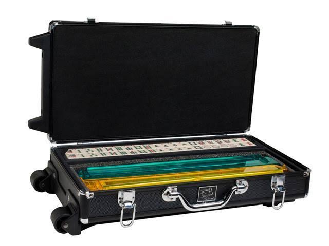 White Swan mAh Jongg - Ivory Tiles - Modern Pusher Arms - Wheeled Aluminum Case - Black