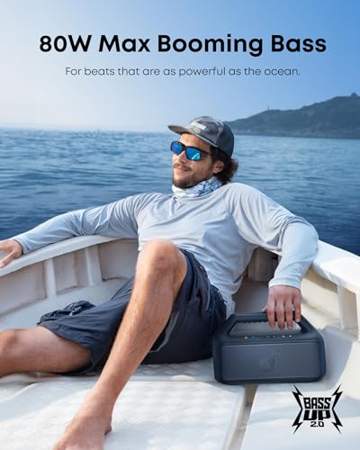 soundcore Boom 2 By Anker, Outdoor Speaker, 80W, Subwoofer, BassUp 2.0, 24H Playtime, IPX7 Waterproof, Floatable, RGB Lights, USB-C, Custom EQ, Bluetooth 5.3, Portable for Camping, Beach, and Backyard