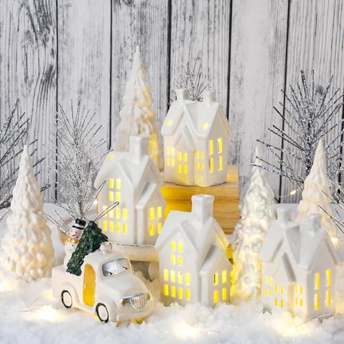 Christmas Village Sets of 17 Include 4 LED White Ceramic Christmas Village Houses with 4 Ceramic Xmas Trees Plastic Truck 7 Branch Trees for Rustic Farmhouse Xmas Decorations Indoor Home