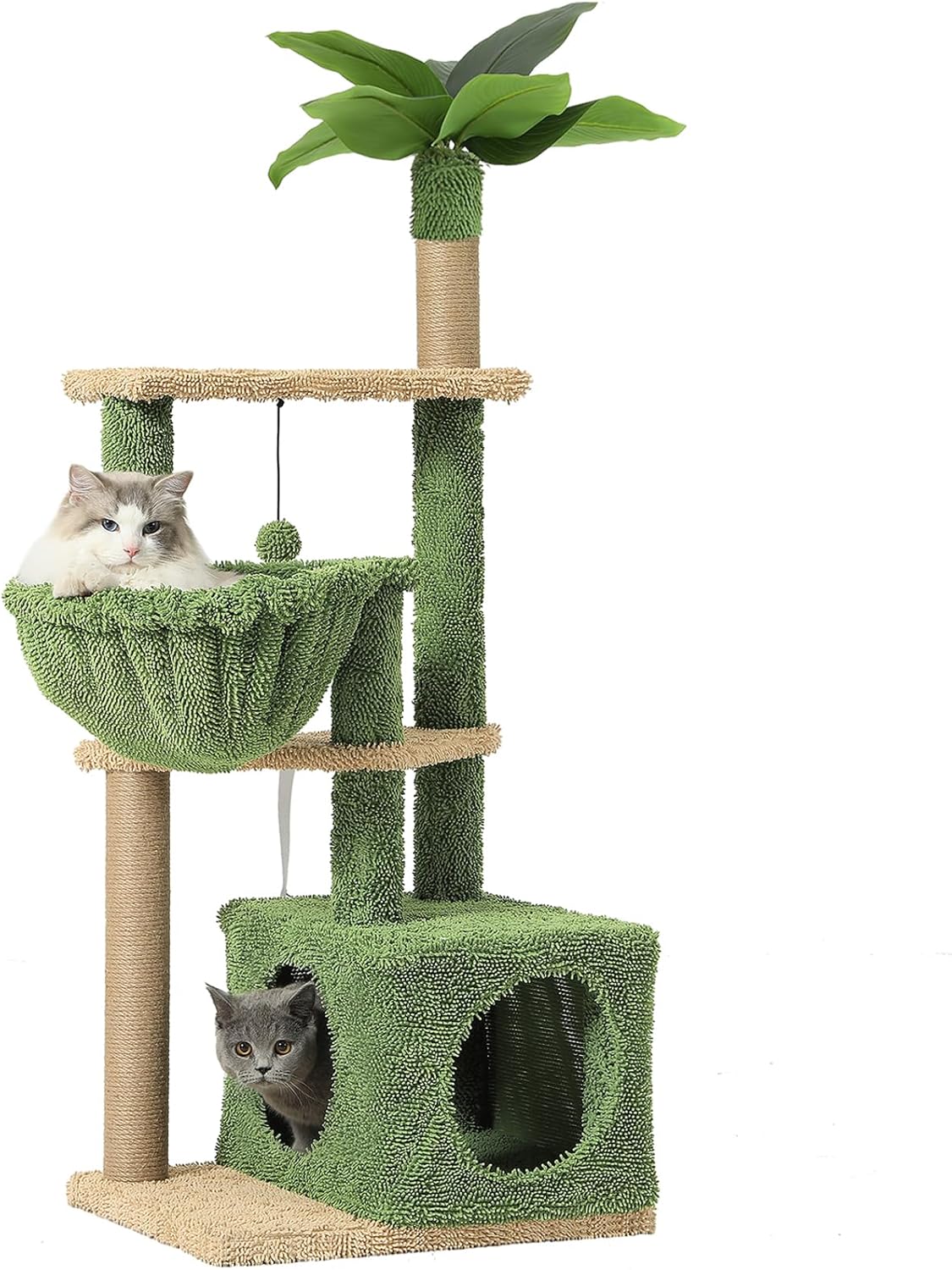 MSmask 51 Inches Cat Tree, Multi-Level Cat Tower with Large Hammock, Climbing Activity Tree with Artificial Palm Leaves, Cat Condo, Sisal Scratching Posts, Hanging Ball