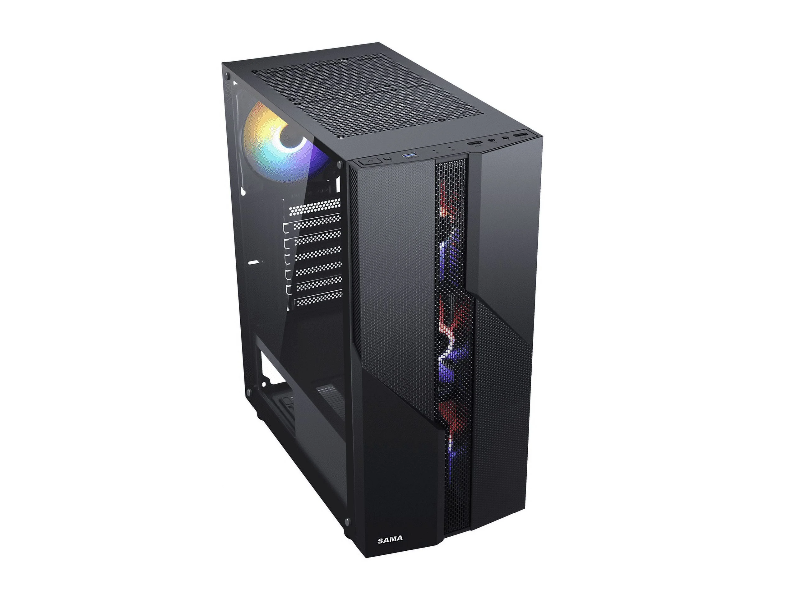 SAMA Sama-M2-TG Black USB3.0 Steel/ Tempered Glass ATX Mid Tower Gaming Computer Case w/Tempered Glass Panel and 4 x 120mm Autoflow Rainbow LED Fans (Pre-Installed)