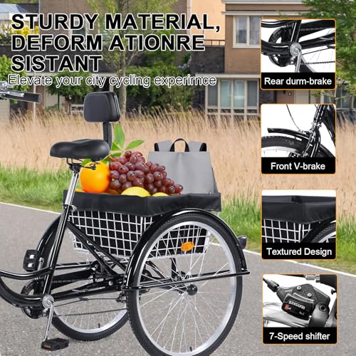 Adult Tricycle，24/26-Inch Adult Trikes, 3 Wheel Cruiser Bike with Large Basket & Adjustable Seat, Shopping Picnic Tricycles for Women, Men, Seniors