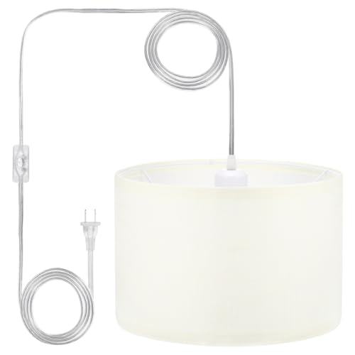 PATIKIL Plug in Pendant Light, 15Ft Rope Cord Hanging Lamp Fixture with ON/Off Switch, Fabric Shade E26/E27 Bulb Socket for Bedroom Kitchen Living Room, White