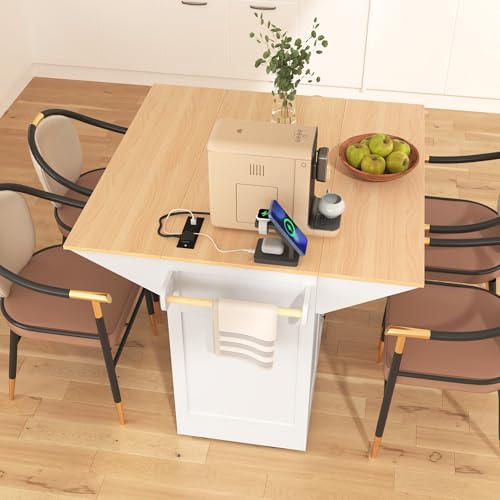 Large Kitchen Island Cart with 2 Drop Leaf, Mobile Dining Table with Storage Cabinet, Rolling Kitchen Cart with Power Outlets, 3 Drawers, Spice & Towel Rack