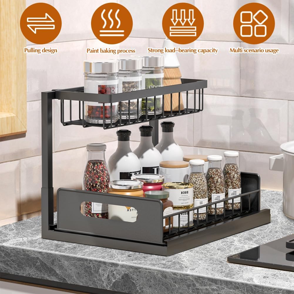 2 Pack Under Sink Organizers and Storage, Metal Slide Out Kitchen Cabinet Organizer with Sliding Drawer Pull Out Sink Shelf Cabinet Storage Shelves Multi-Use for Kitchen Bathroom Organization