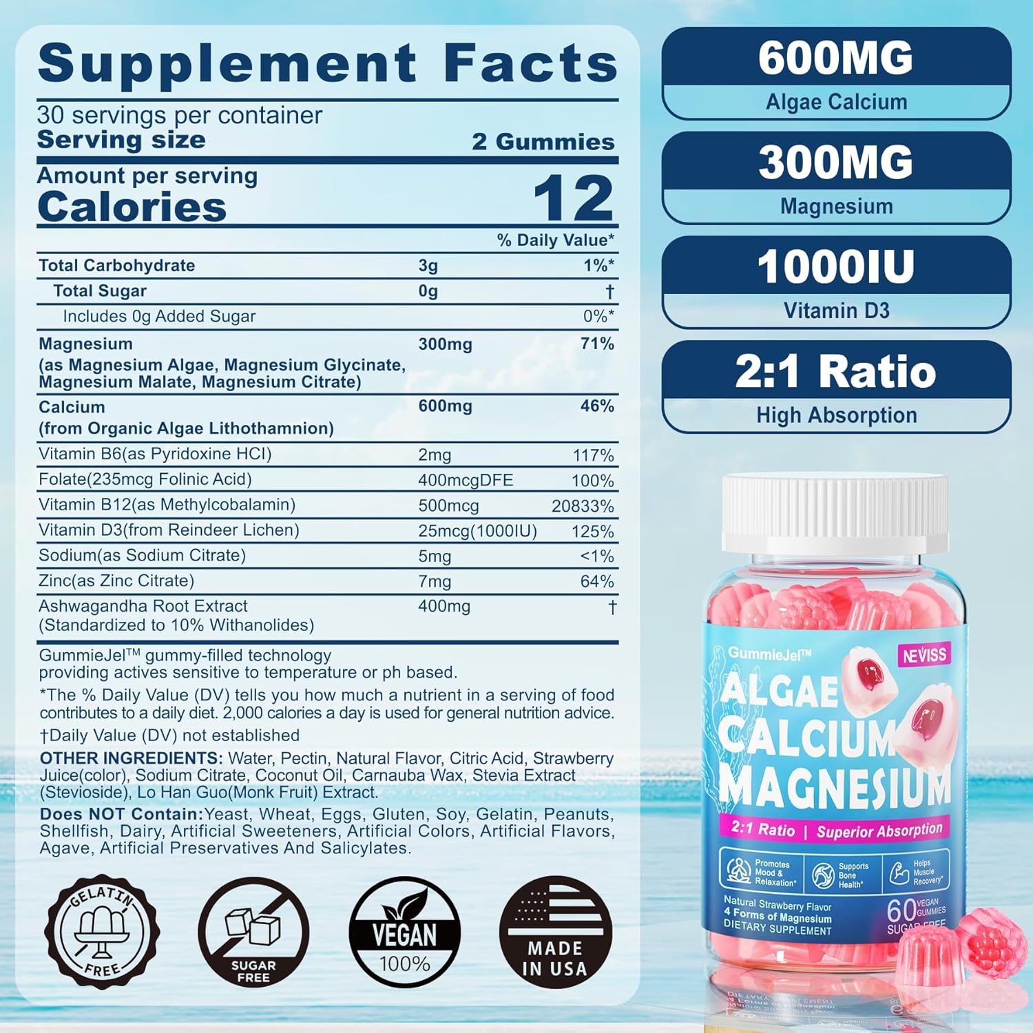Calcium Supplement Gummy - Bone Strength with Algae Calcium 600mg, Magnesium 300mg, Zinc, D3 & B12 Complex - Plant-Based Calcium Magnesium 2:1 Ratio, Calcium Citrate Alternative, Gut-Friendly, 1Pack