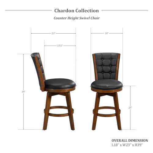 Lexicon Swivel Bar Stools Set of 2, Counter Height Stools for Kitchen Island, Kitchen Stools with Backs, Chestnut Finish and Black Faux Leather Cushion Seat