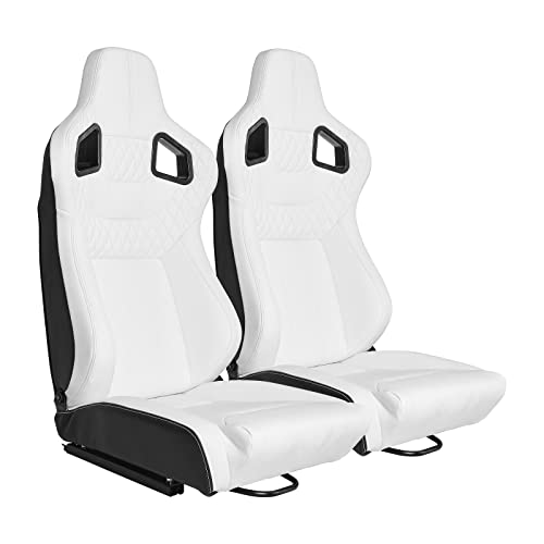 Universal Racing Seats, Pair of Bucket Seats with Dual Lock Sliders for Front-Back Adjustment, PVC Leather Racing Seats for Cars (White)