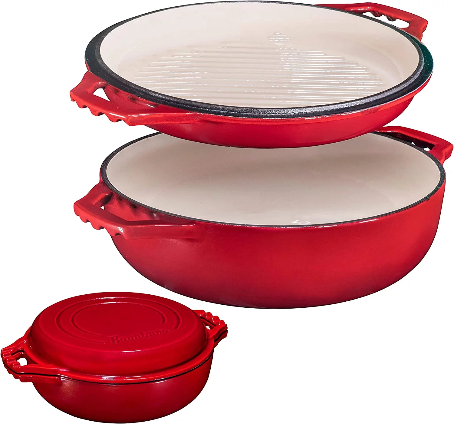Bruntmor | 2-In-1 Enameled Cast Iron Cocotte Double Braiser Pan With Grill Lid