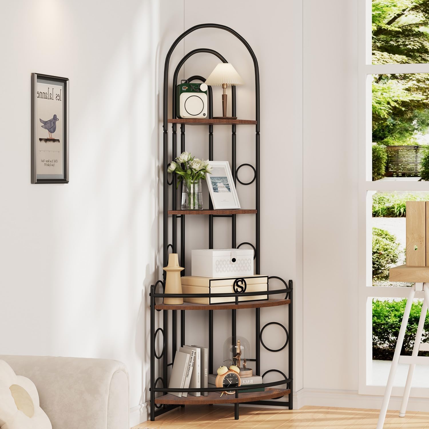 4 Tier Rustic Wood and Metal Corner Shelf Stand, Vintage 59