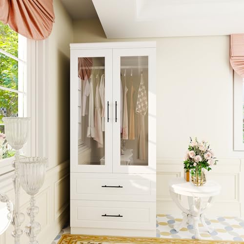 Wood Armoire Wardrobe Closet with Mirror,3 Door Bedroom Armoires Wardrobe Closet with 2 Drawers, Large Wardrobe Closet Storage Cabinet with Hanging Rail, White