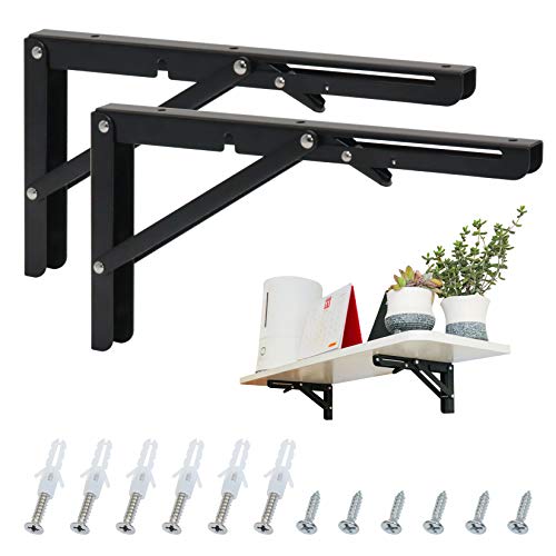 KOOTANS 8 Inch Folding Shelf Brackets, Heavy Duty Wall Mounted Metal Collapsible Shelf Bracket for Bench Table, Workbench Supports, Space Saving DIY Bracket, Max Load 132LB/60KG, Pack of 2 with Screws