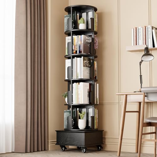 Solid Wood Rotating Book Shelf, 360° Display Bookcase with Drawer, 5-Tier Mobile Bookshelf with Wheels, 79