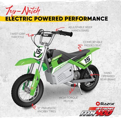 Razor MX400 Dirt Rocket – 14 MPH (22 KMH) Off-Road Electric Dirt Bike, High-Torque Motor, 30 Min Ride Time, Adjustable Handlebars, Ages 13+, Green