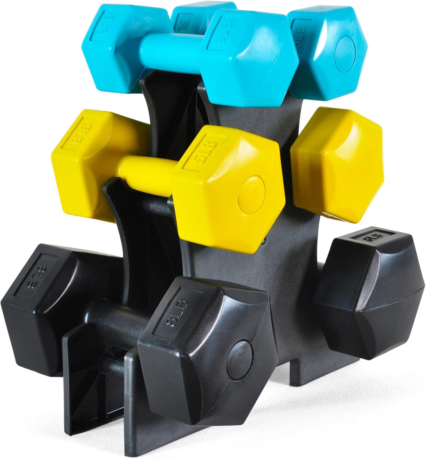 Signature Fitness Colored Vinyl Coated Dumbbell Set with Stand, 32-Pound Set with Stand, 3LB, 5LB, 8LB (3 Pairs)