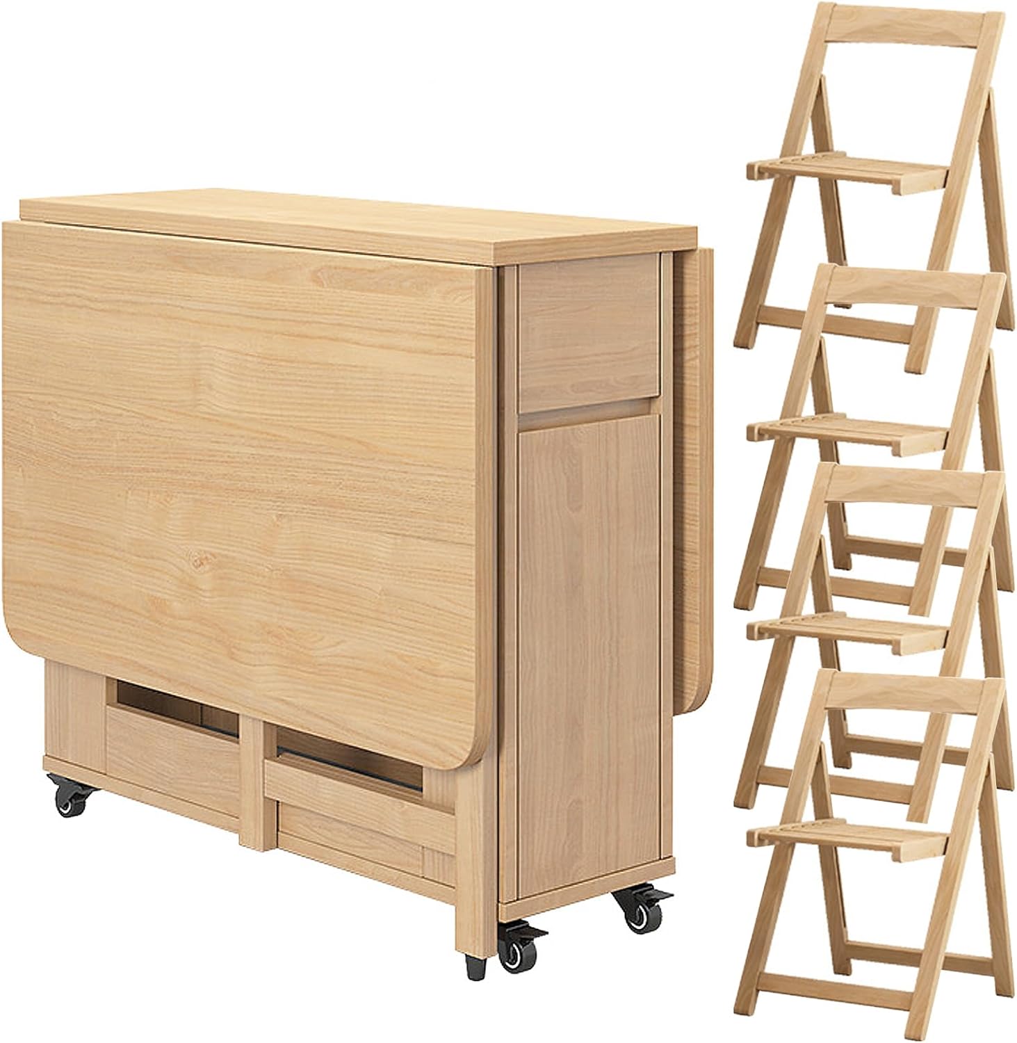 Folding Dining Table with 4 Chairs and Storage Drawers, Wood Foldable Dining Table Space Saving Dining Table with Stable Wheels Drop Leaf Dining Table Set for Kitchen, Dining Living Room