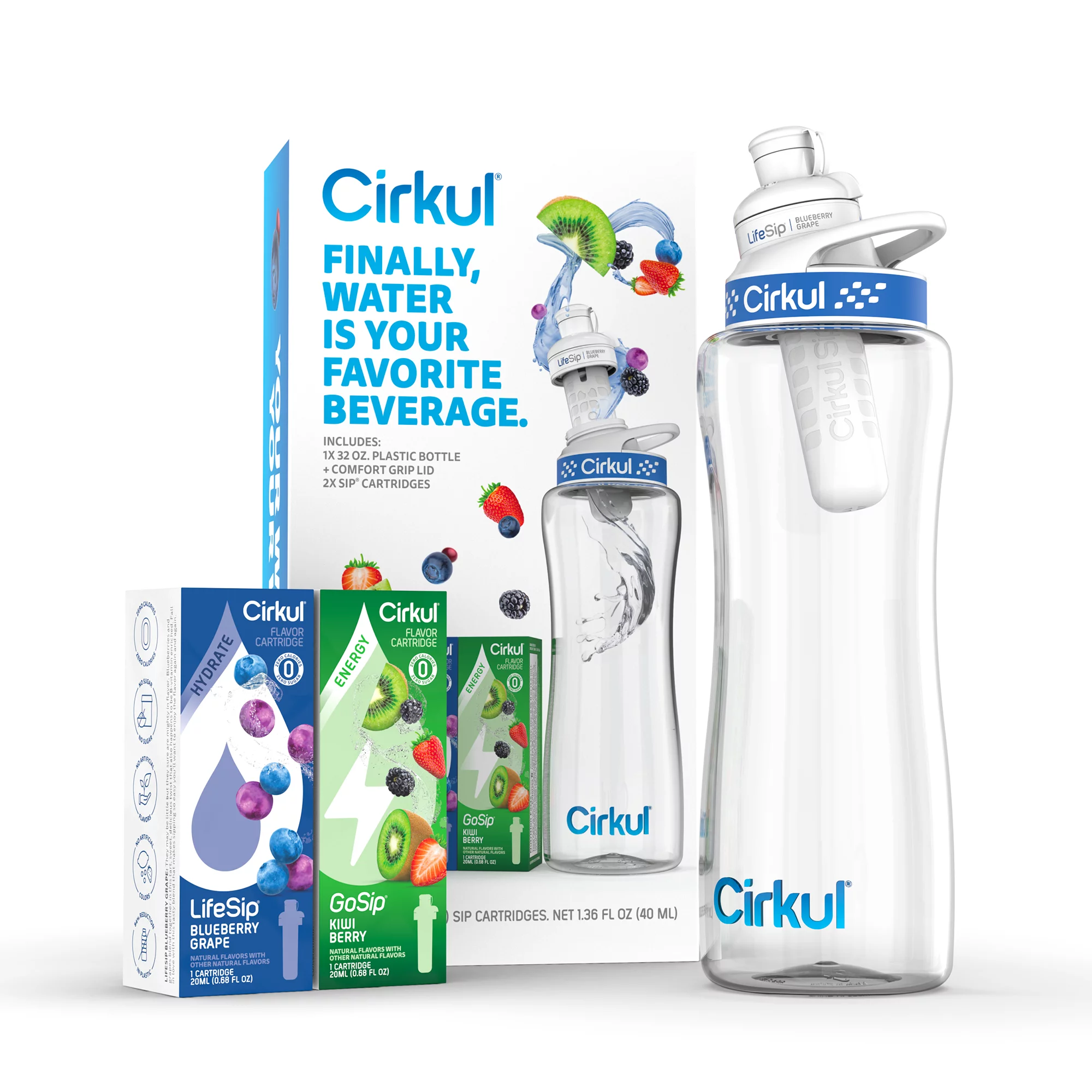 Cirkul 32oz Plastic Starter Kit with Navy Blue Lid, 2 Flavor Cartridges (Blueberry Grape & Kiwi Berry)