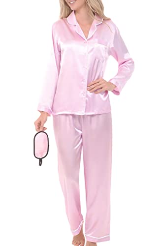 Alexander Del Rossa Long Sleeve Satin Pajama Set for Women, Satin PJs for Women Set, Womens Satin Pajama Set