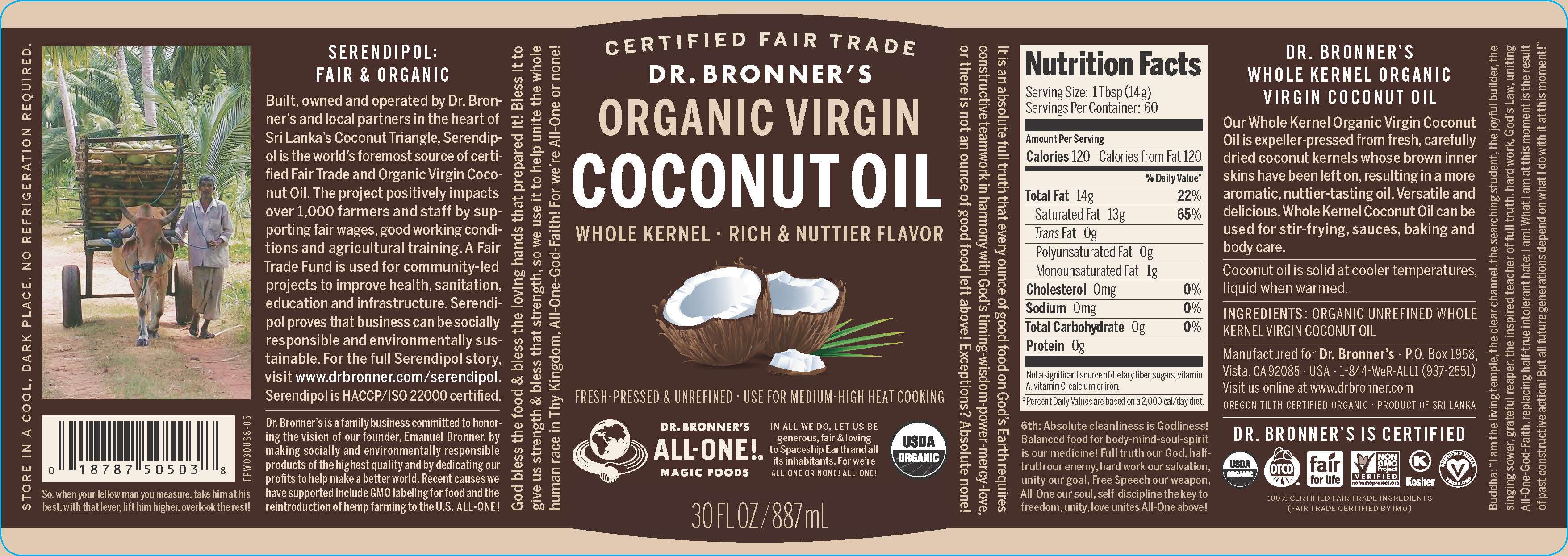 Dr. Bronner's Regenerative Organic Whole Kernel Coconut Oil 30oz