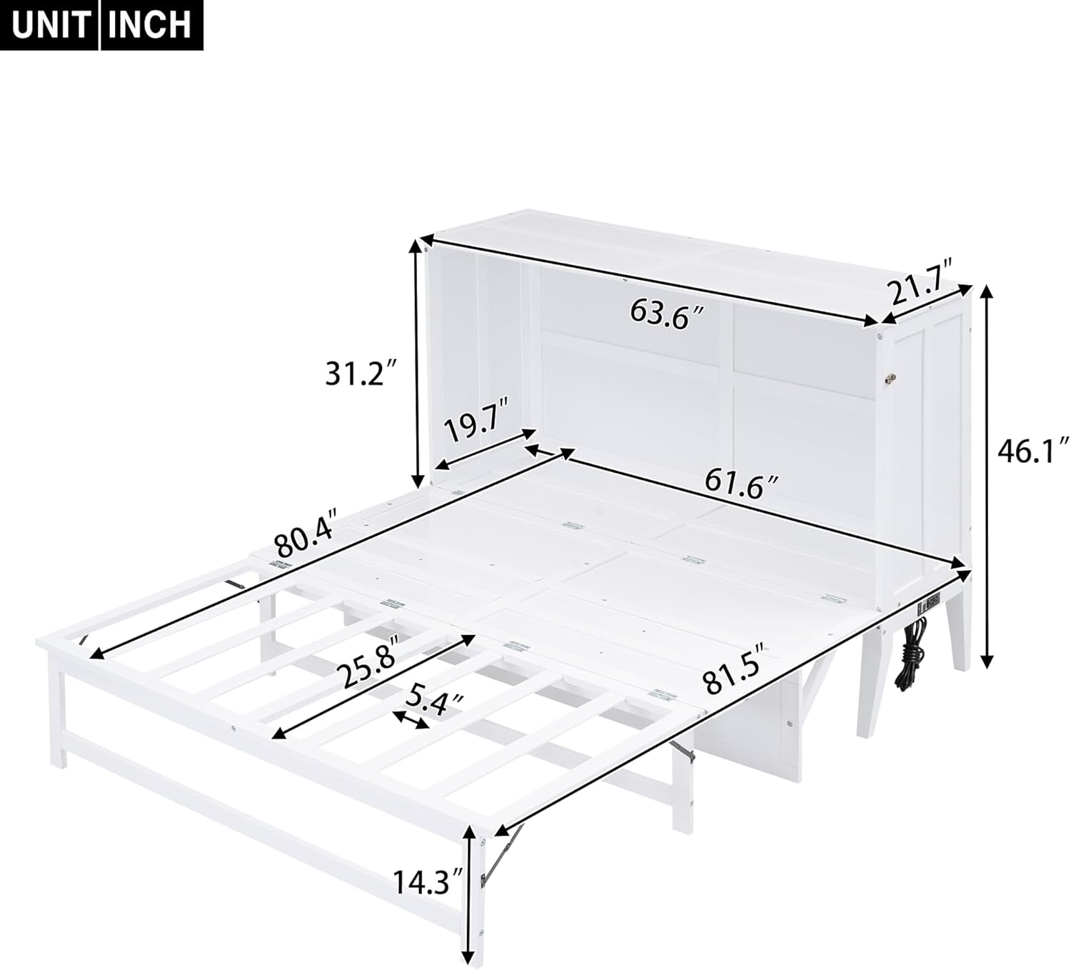 Queen Murphy Bed Chest with Charging Station, Wood Murphy Cube Cabinet Bed with a Shelf/Desk for Guest Room or Home Office, White