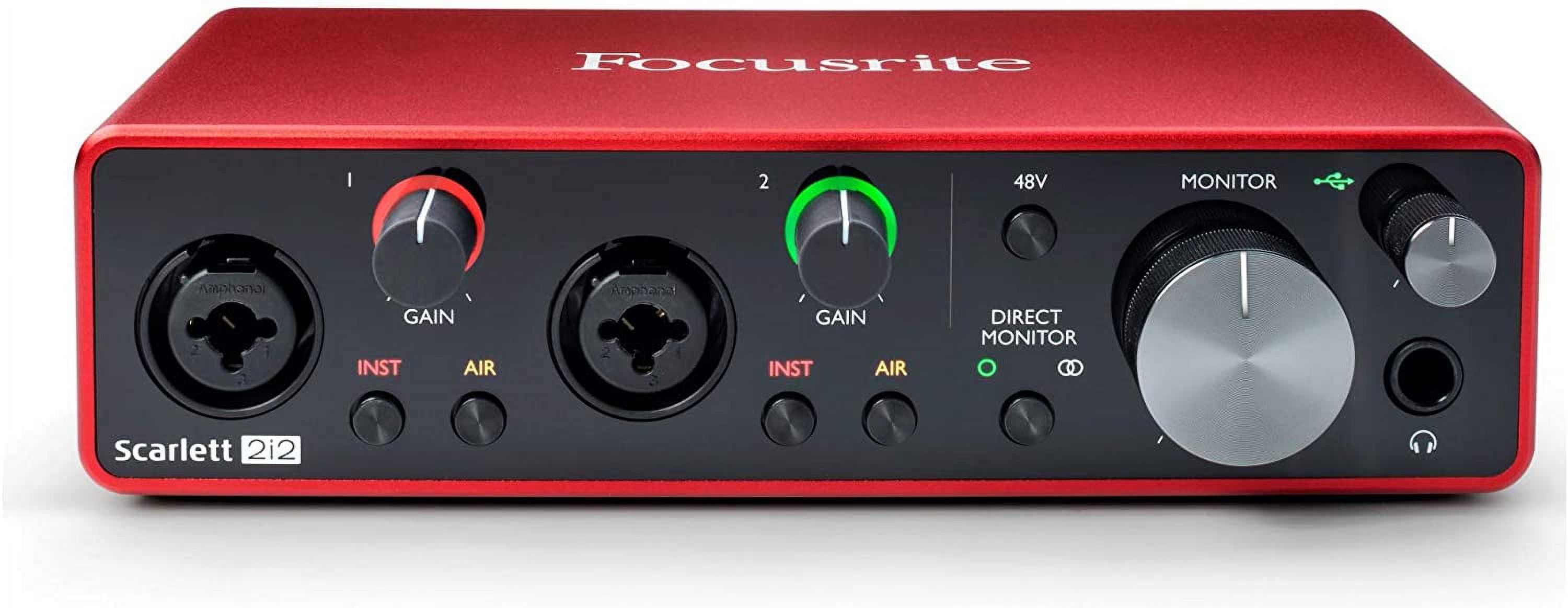 Focusrite Scarlett 2i2 3rd Gen 2x2 USB Audio Interface Bundle with Audio Technica AT2020 Condenser Studio Microphone MR DJ Stand, Shock Mount, Pop Filter and XLR Cable