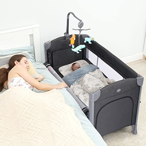 Ktaxon 3 in 1 Baby Bassinet, Bassinet Bedside Sleeper Baby Crib with 3 Levels Height Adjustment, Fast Folding Design and Flexible Wheel with Brake from Newborn to Toddles(Dark Grey)