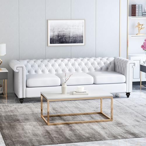 Chesterfield Sofa White PU Leather - 3-Seater Sofas for Living Room Button Tufted Tufted Sofa Couch Furniture for Living Room Bedroom Office Nailhead Upholstered Couches Minimalis Light Luxury