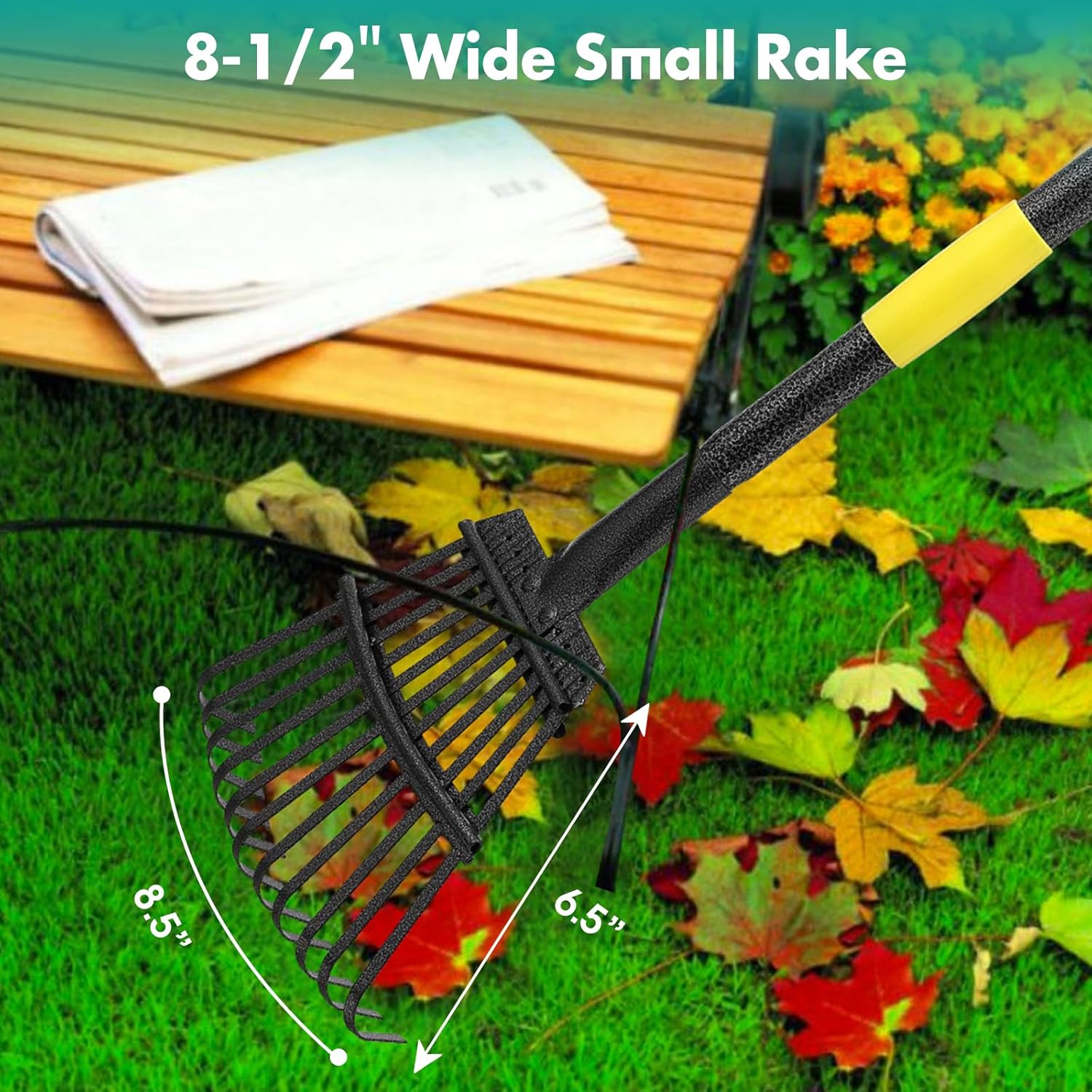 Rake, 60 Inch Long Handle, 8.5 Inch Wide Small Rake for Leaves, Metal Garden Rake Heavy Duty Yard Leaf Rake for Kids Lawn with Long Handle, Garden Leaf Rake for Debris Leaves