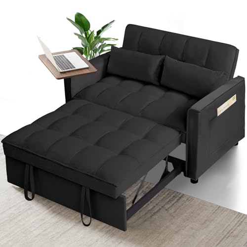 3 in 1 Convertible Sleeper Sofa Bed Pull Out Couch Futon Loveseat Velvet Chaise Lounge with 2 Pockets and 2 Pillows for Living Room, Black