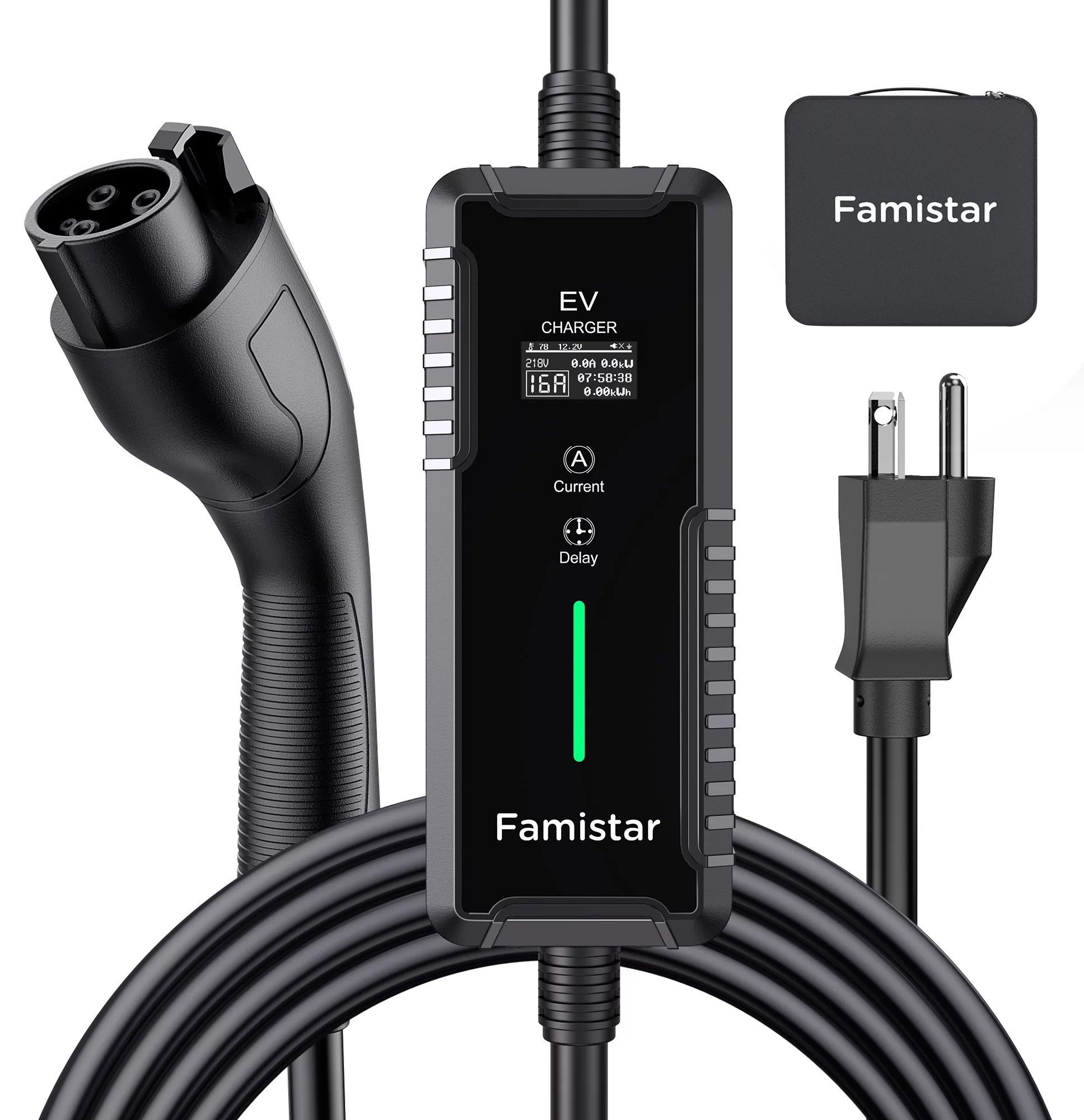 Famistar Level 1 & 2 EV Charger, 25 ft Adj. 8-16A 100-240V Portable Electric Car Fast Charger, Plug-in Electric Vehicle Charger Staion for J1772 EVS Green