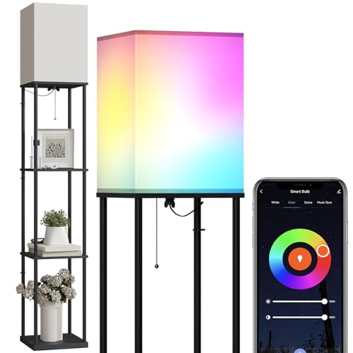 SUNMORY Shelf Floor Lamp with 3-Way Dimmable LED Bulb, Modern Square Standing Lamp with Shelves and White Shade, Corner Display Bookshelf Lamp for Living Room and Bedroom(White)