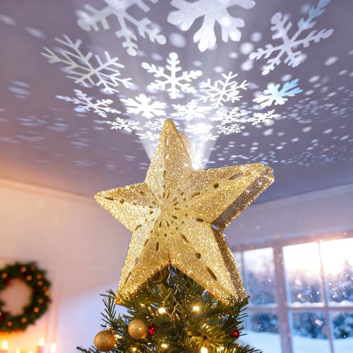 DG-Direct Christmas Tree Topper Lighted Star with 6 Projected Patterns,3D Hollow Sparkling Star Christmas Tree Topper with Rotating Magic Projector for Christmas Tree Ornament