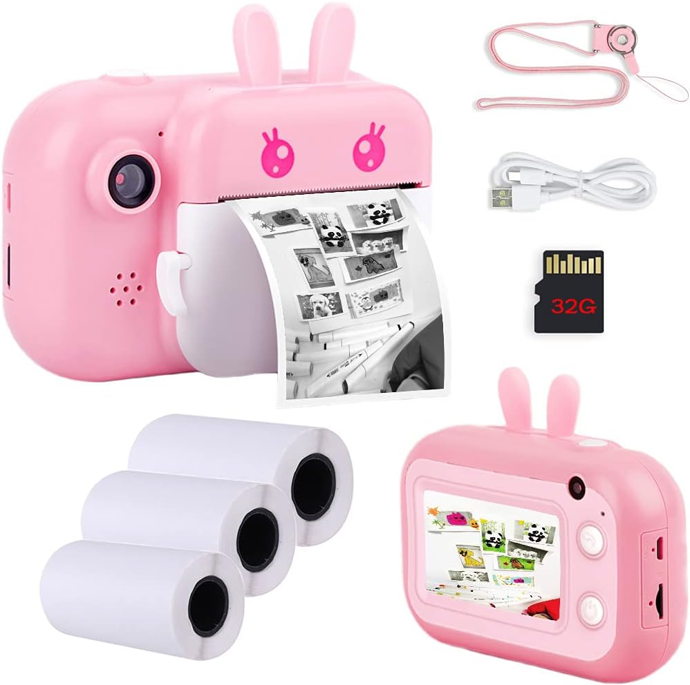 Instant Print Camera for Kids, Zero Ink Kids Cameras That Print Photos, 2.4 Color Screen, Portable Selfie Digital Camera, Birthday for Girls, 3 Rolls Print Paper&32GB SD Card - Pink