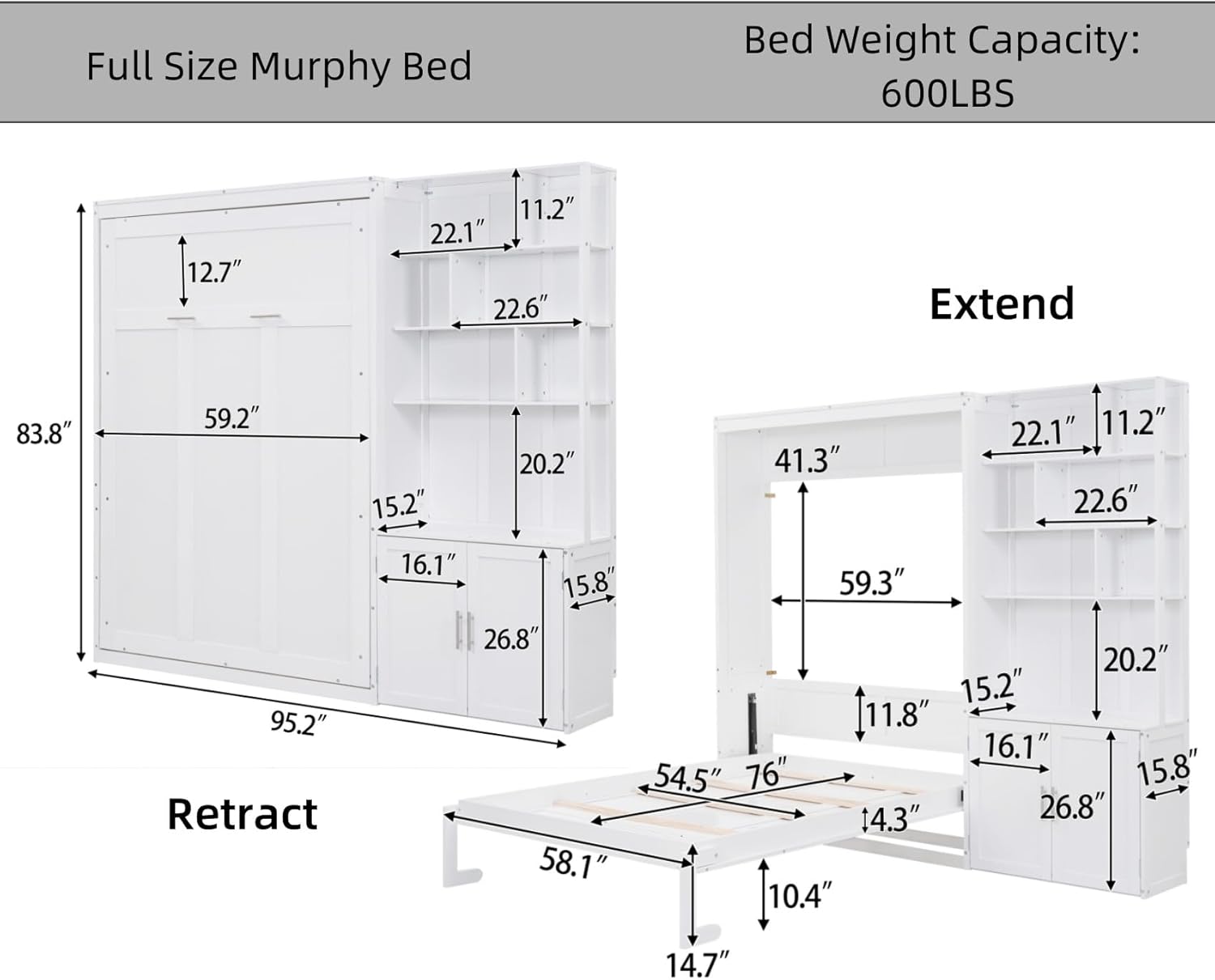 Merax Full Size Murphy Bed Cabinet with Multiple Storage Shelves, Wood Foldable Hidden Wall Platform Bedframe Chest for Home, Bedroom, Office, Small Room, Apartment, white