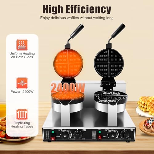 Commercial Electric Waffle Maker, 2400W Double-Head Non-Stick Belgian Waffle Maker Double-Sided Rotary Heating Pancake Machine w/Time & Temp Control for Home Kitchen Restaurant Snack Dessert