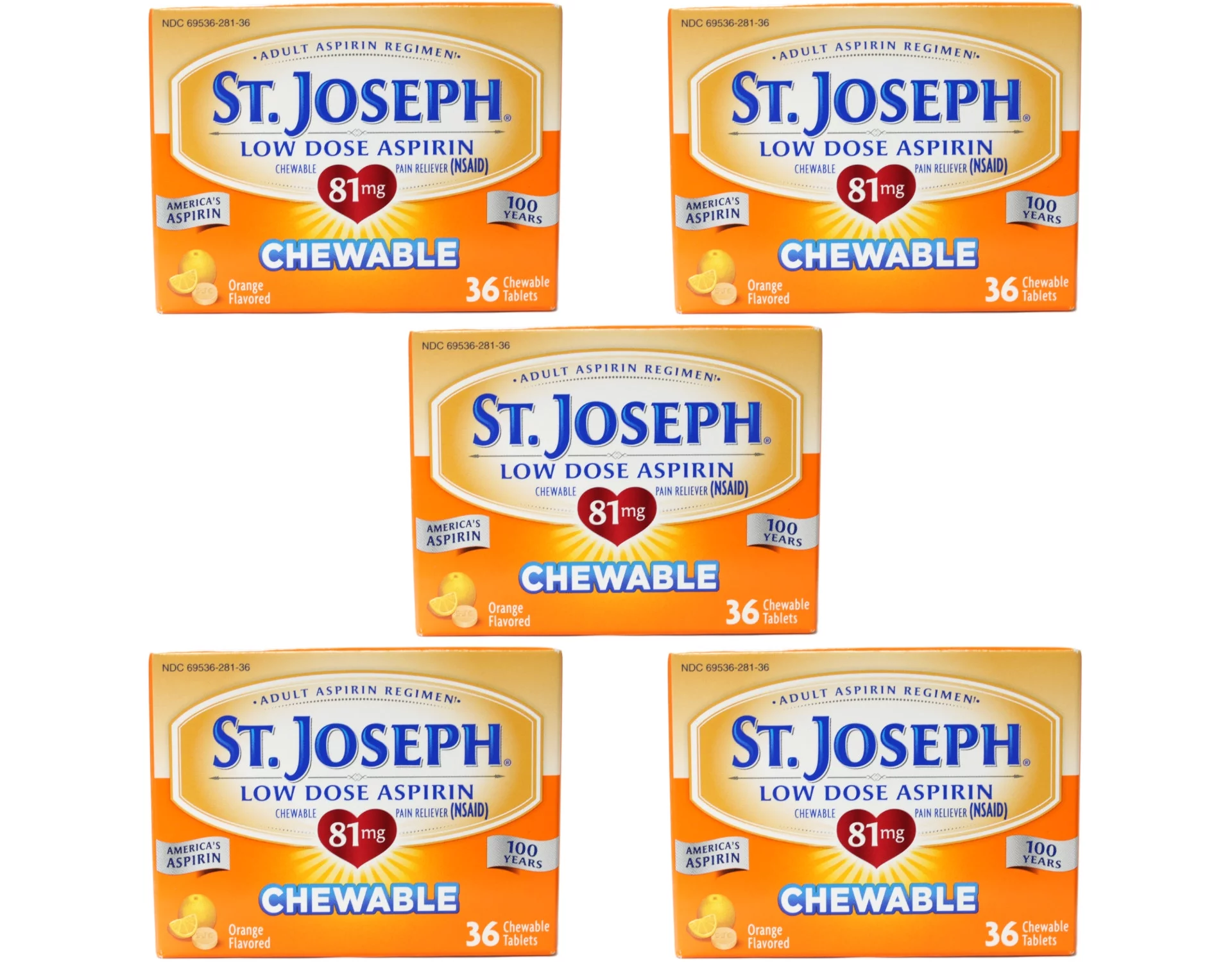 5 Pack St. Joseph Low Dose Aspirin Adult Aspirin Regimen 36 Chewable Tabs Each - Curated Treasures Market