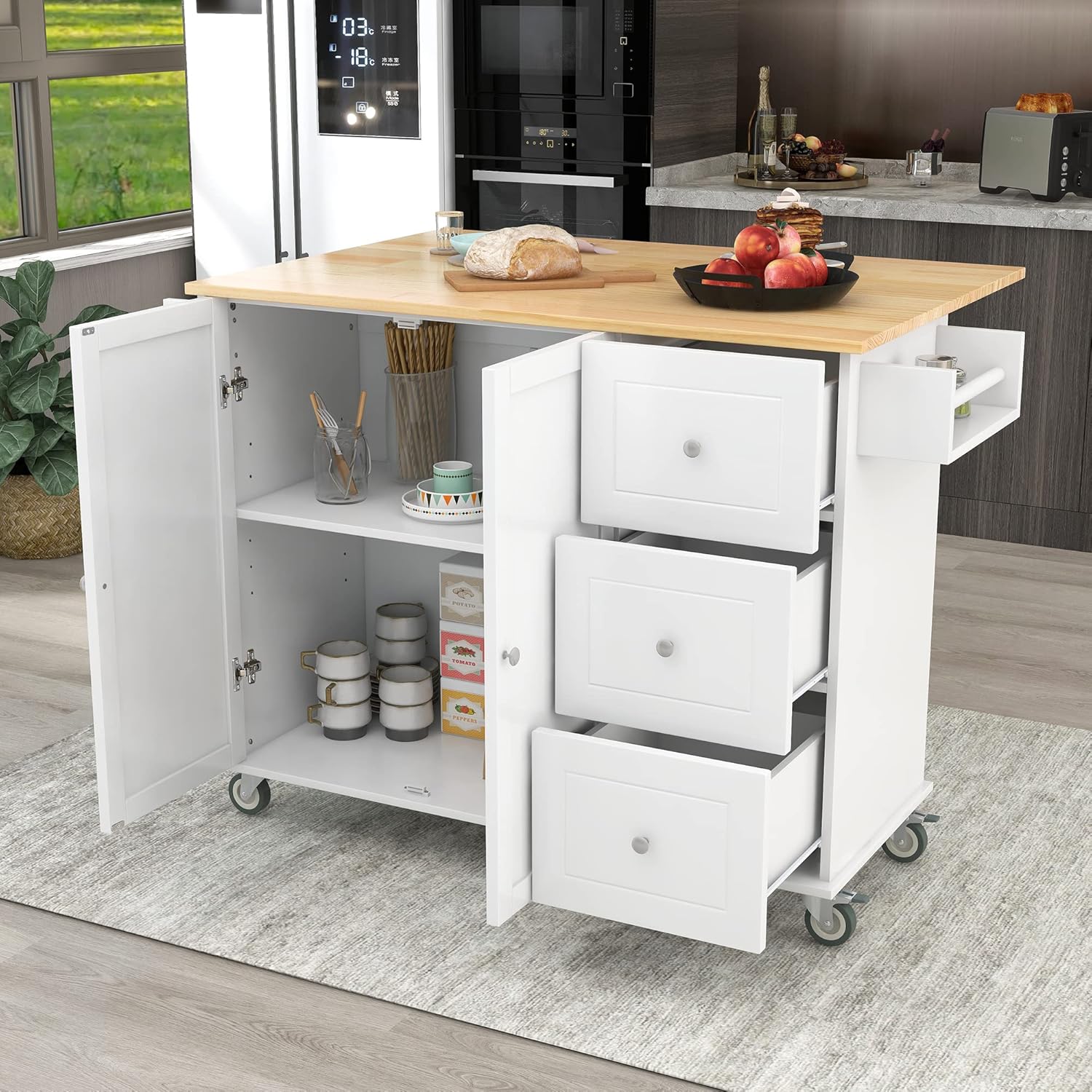 52.7 Inch Width Kitchen Island with 3 Drawers and Internal Storage Racks, Rolling Kitchen Cart with Towel Rack and Locking Wheels, Spice Rack, Drop Leaf Counter Top, Adjustable Shelves, White