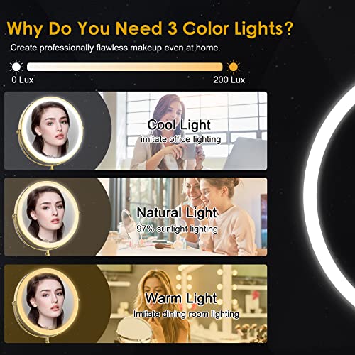 Lighted Makeup Mirror, 3000 mAh Rechargeable Double Sided Magnifying Vanity Mirror with 3 Colors, 1x/10x, 360° Rotation , Brightness Adjustable Magnification Cosmetic Light up Mirror, Women Gift